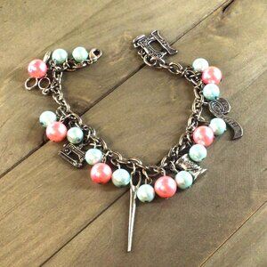Artisan Made Bracelet Sewing Theme Charms Silver Tone Pink Green Beaded